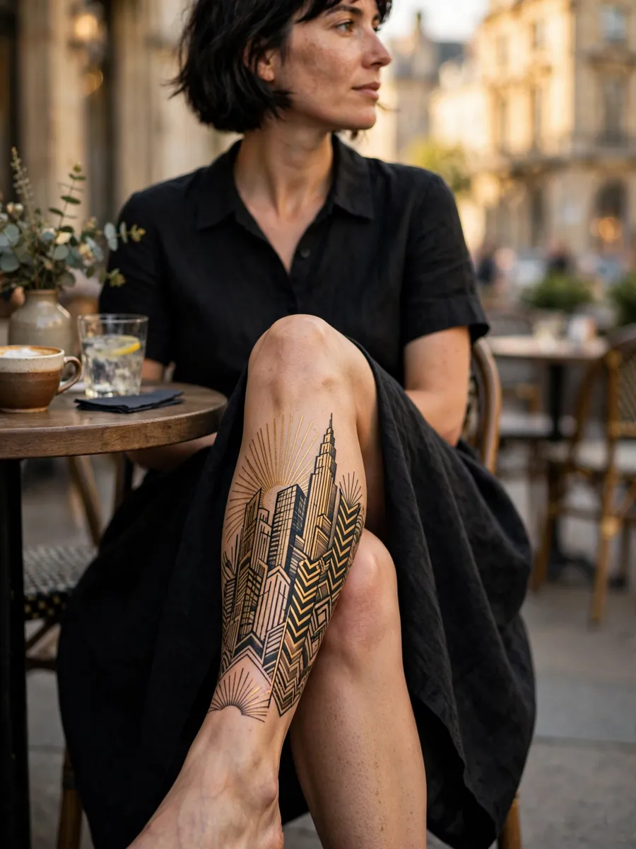 Art deco skyscraper leg sleeve tattoo with gold and black geometric architecture climbing the leg