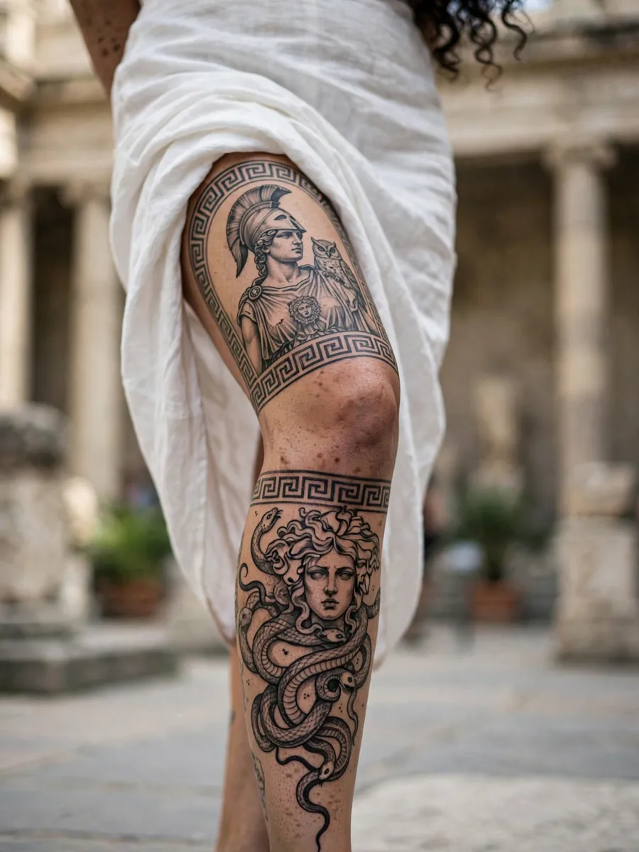 Greek myth tapestry leg sleeve tattoo with Medusa coiling at the calf and Greek key borders