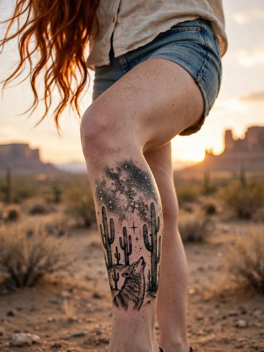Desert night noir leg sleeve tattoo with saguaro silhouettes and Milky Way over the leg