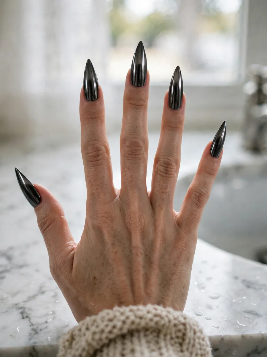 Gunmetal black chrome stiletto nails on a woman's hand