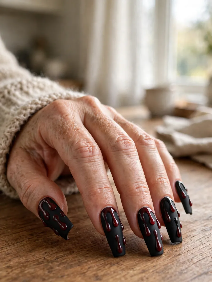 Matte black coffin nails with 3D glossy blood-red drip nail art