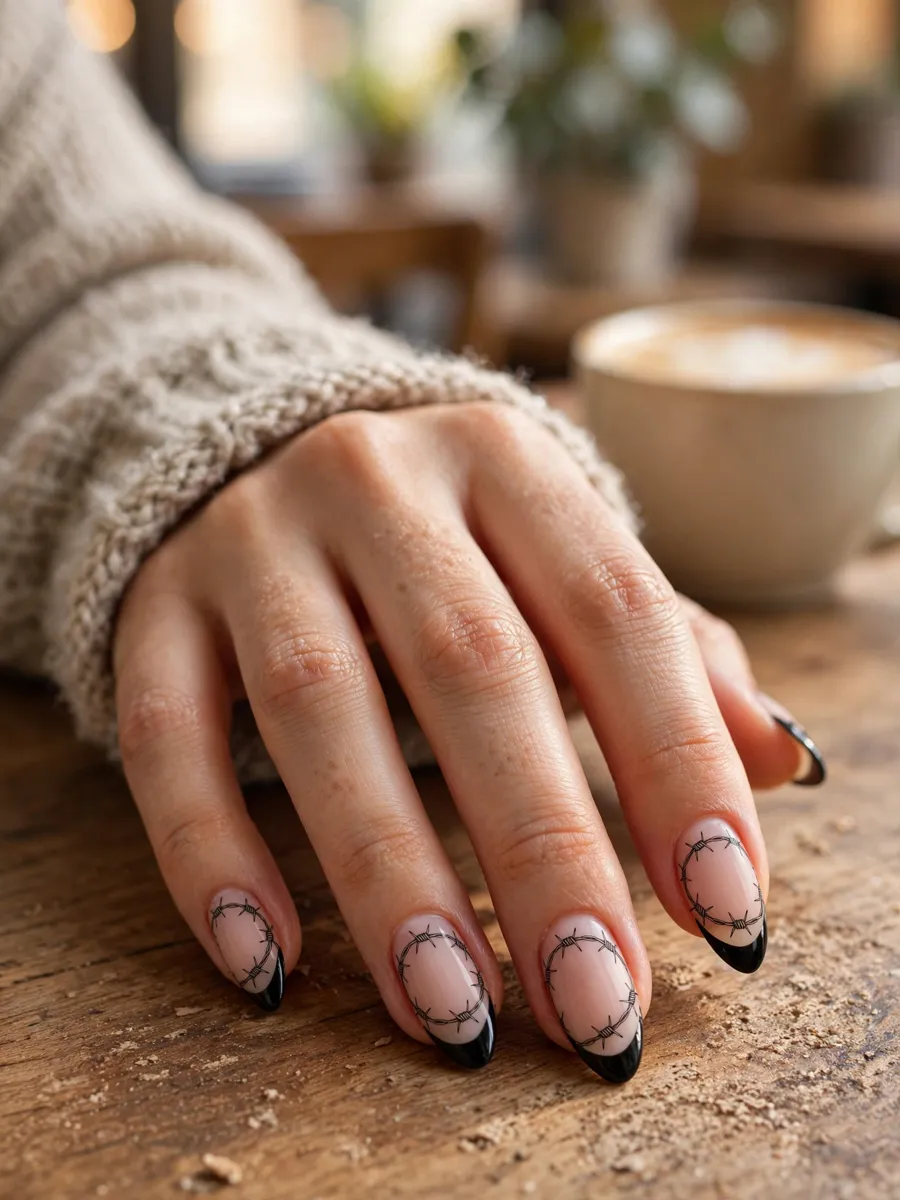 Barbed wire nail art over black French tips