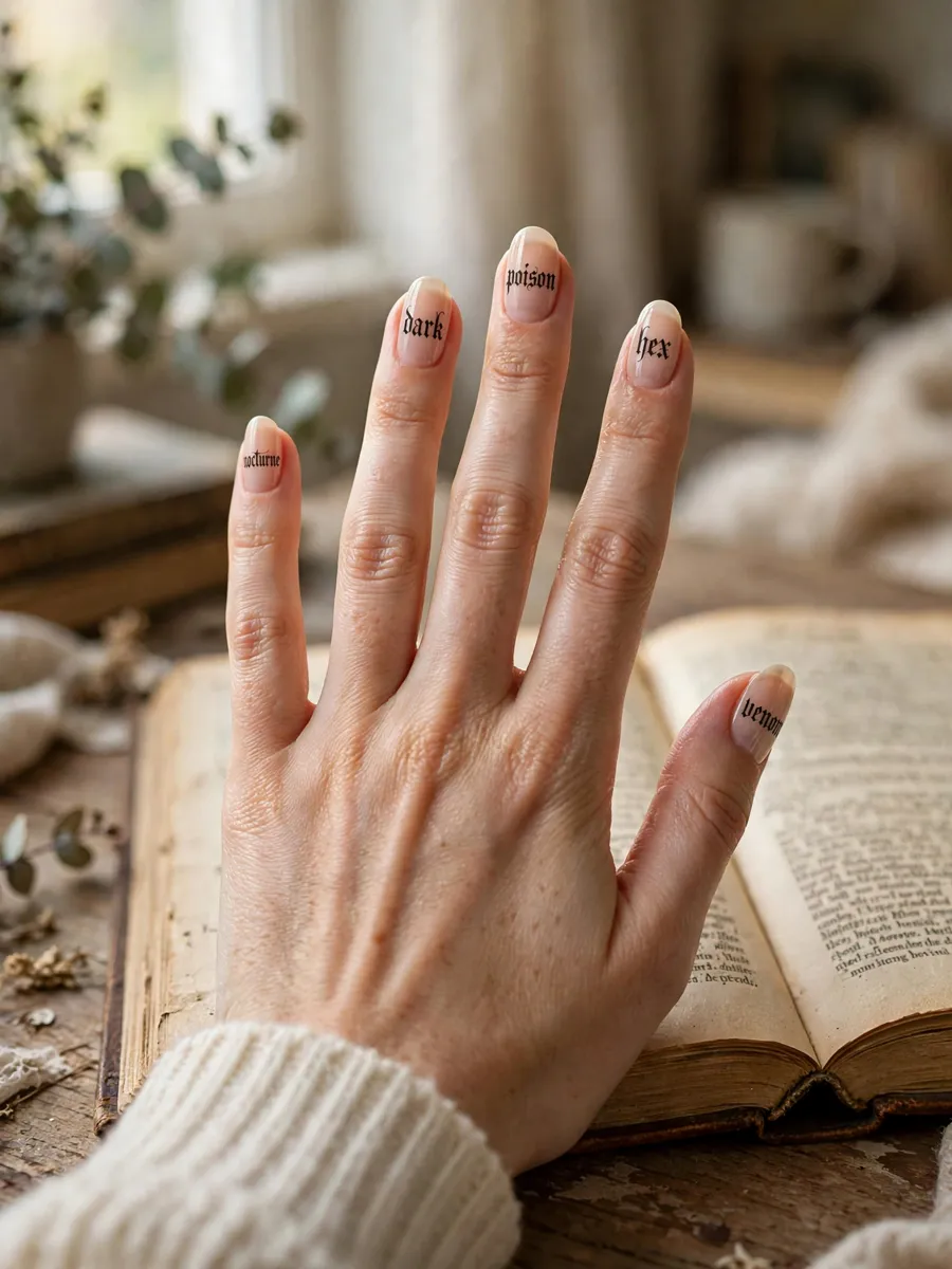 Gothic blackletter typography nail art on bare nude nails