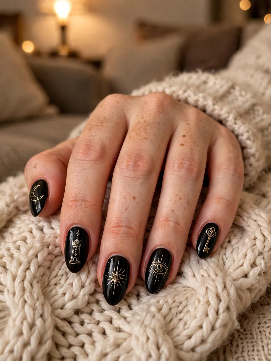 Gold tarot line art nail designs on jet black nails