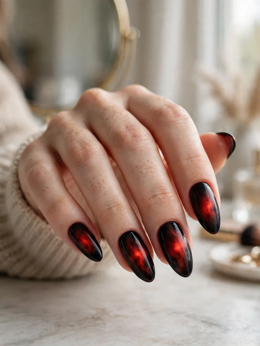 Smoky black and blood red aura gradient nails