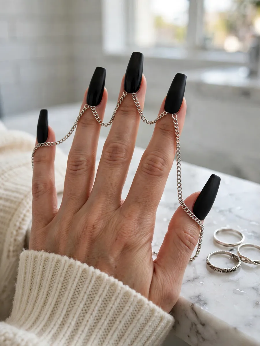 Matte black coffin nails with silver chain charms