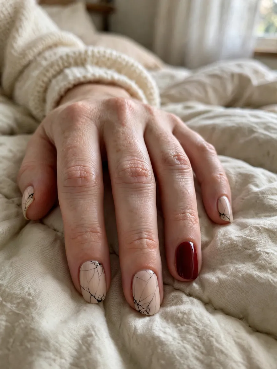 Cracked porcelain doll nail art with oxblood accent nail