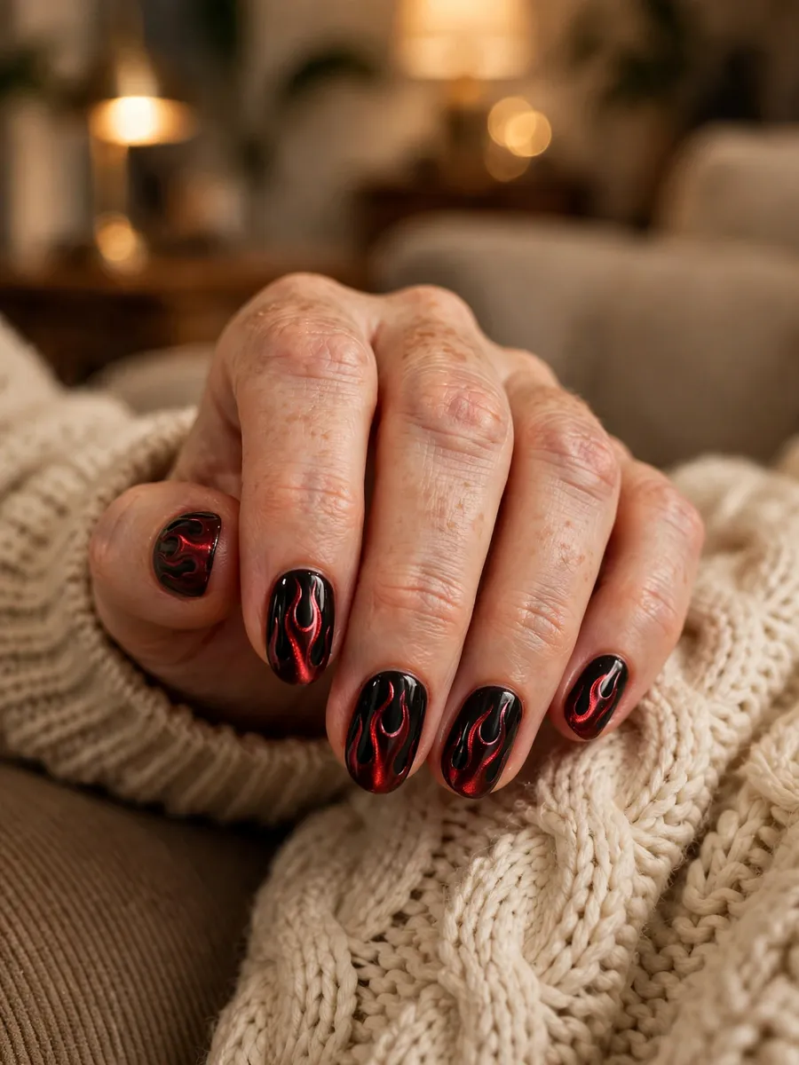 Black and red flame cat-eye magnetic nail art