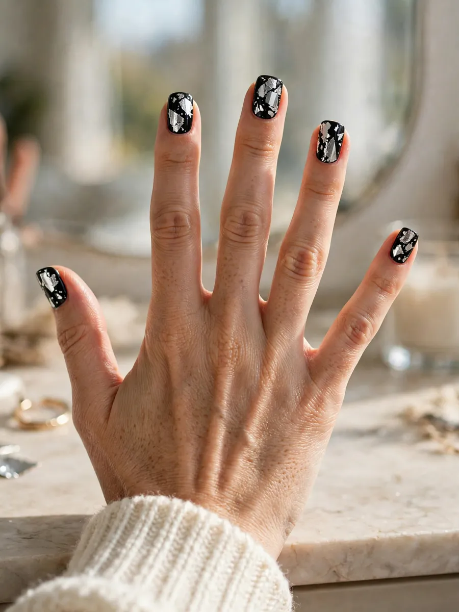 Shattered silver mirror foil nail art on black nails