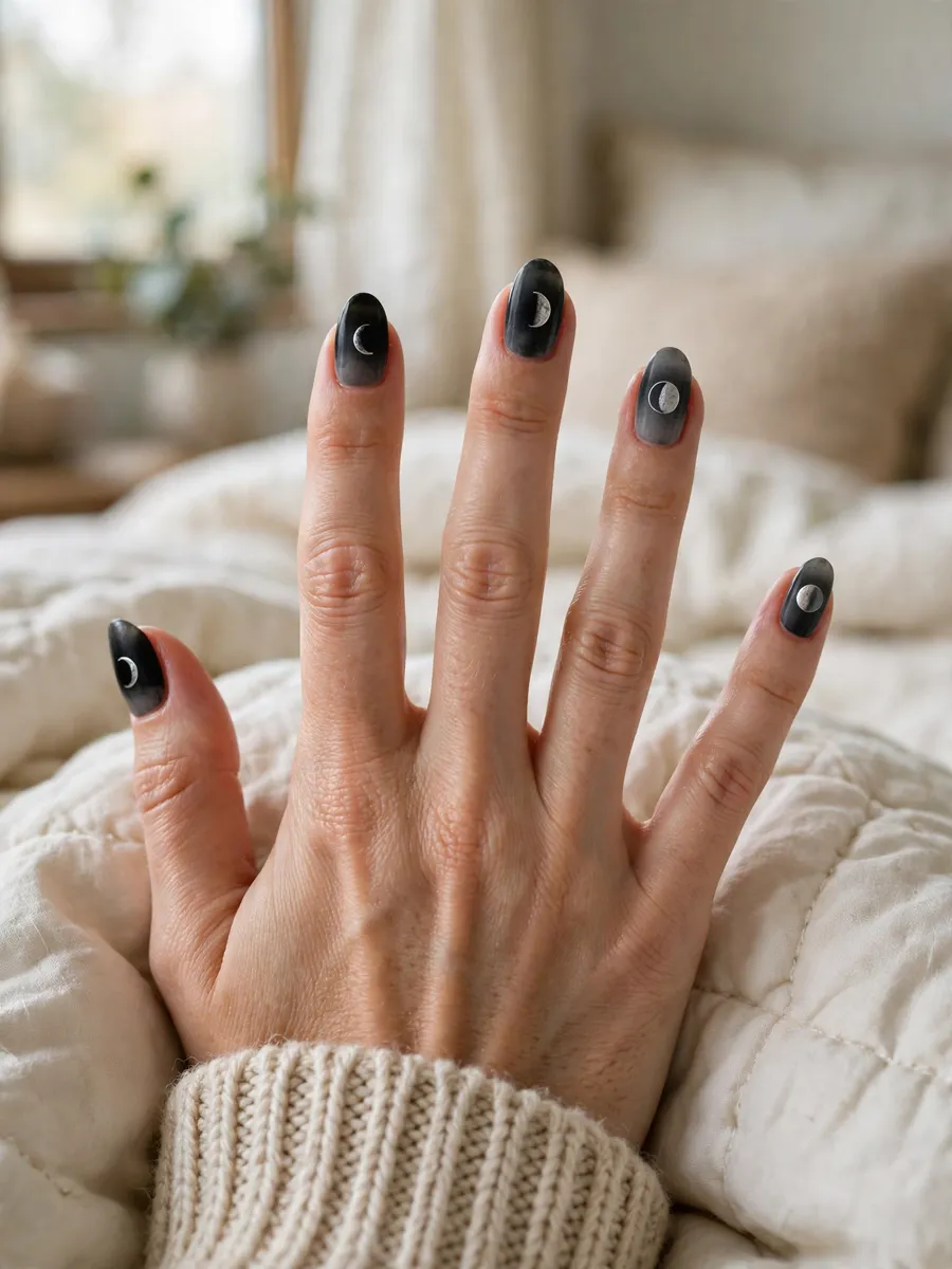 Moon phase nail art fading across five black gradient nails