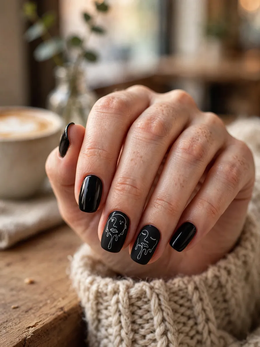 Distorted white scream face line art on black nails