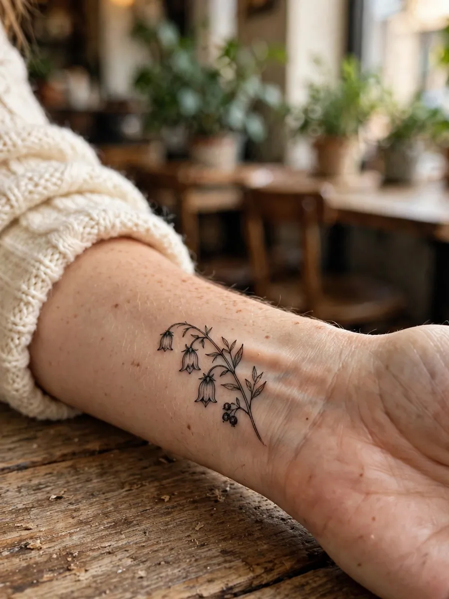 Fine-line belladonna sprig tattoo on a woman's wrist