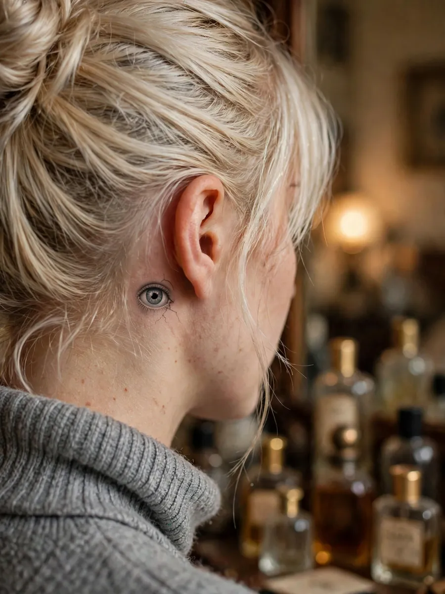 Cracked porcelain doll eye tattoo behind a woman's ear