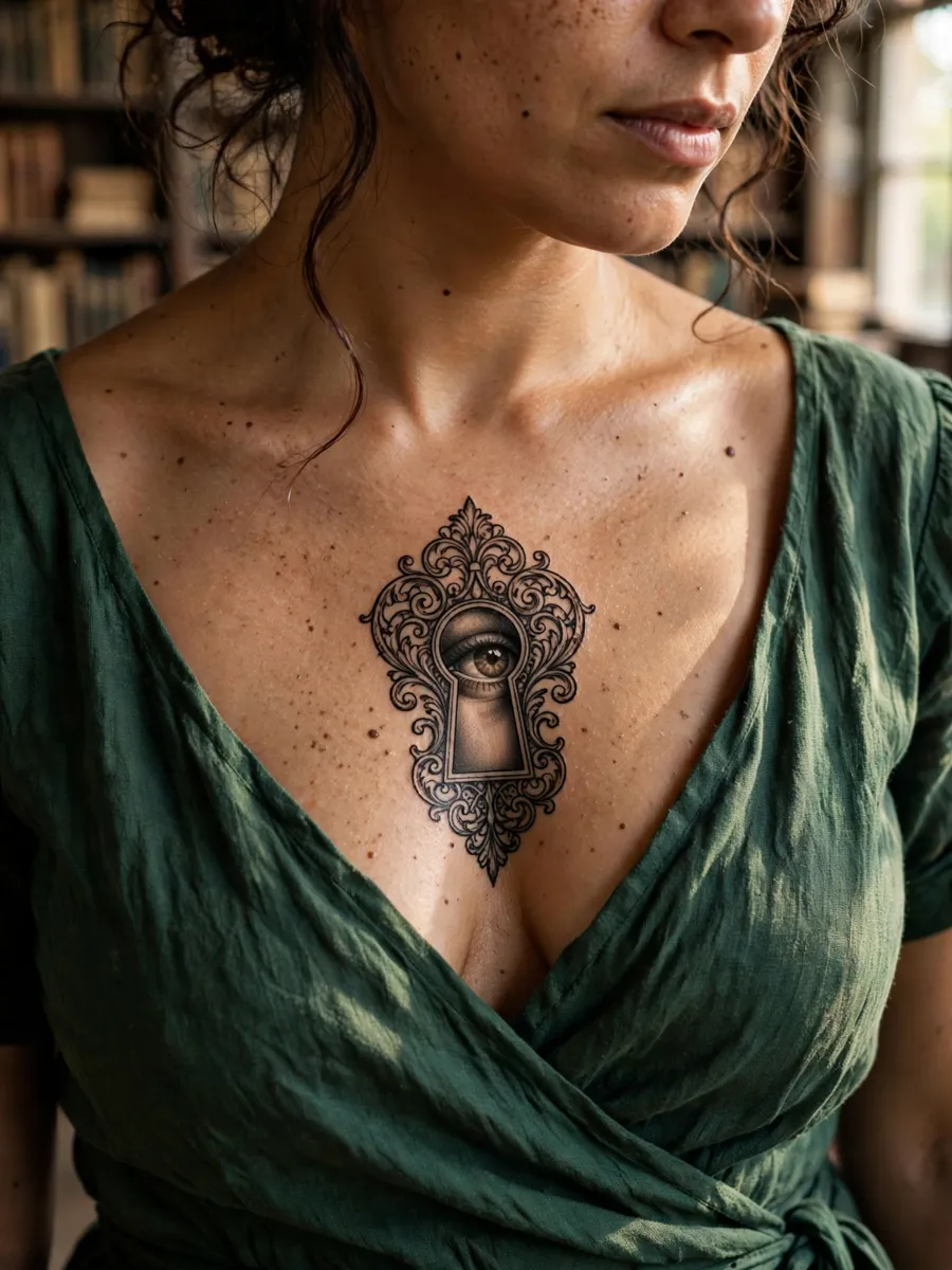 Victorian keyhole tattoo with an eye gazing out on a woman's sternum