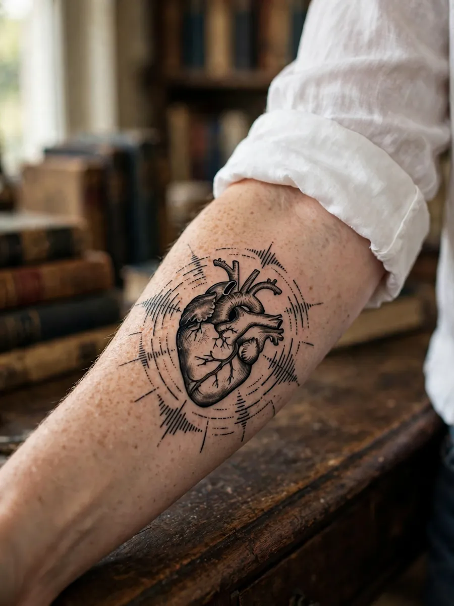 Anatomical heart with sound wave lines tattoo on a woman's forearm