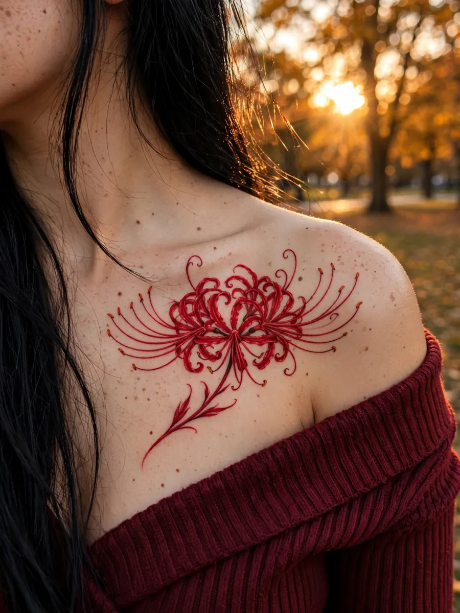 Red spider lily flower tattoo on a woman's shoulder blade