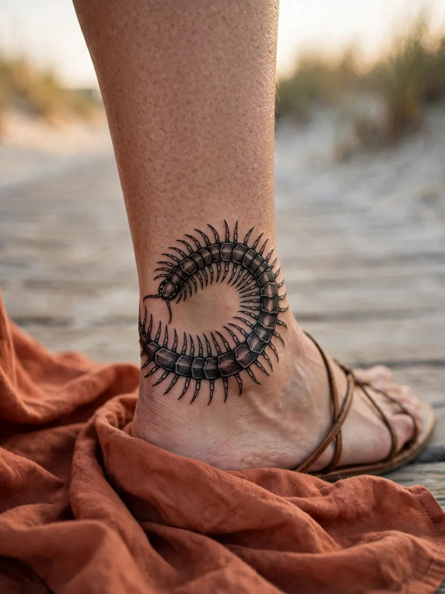 Centipede curling around a woman's ankle like a tattoo anklet
