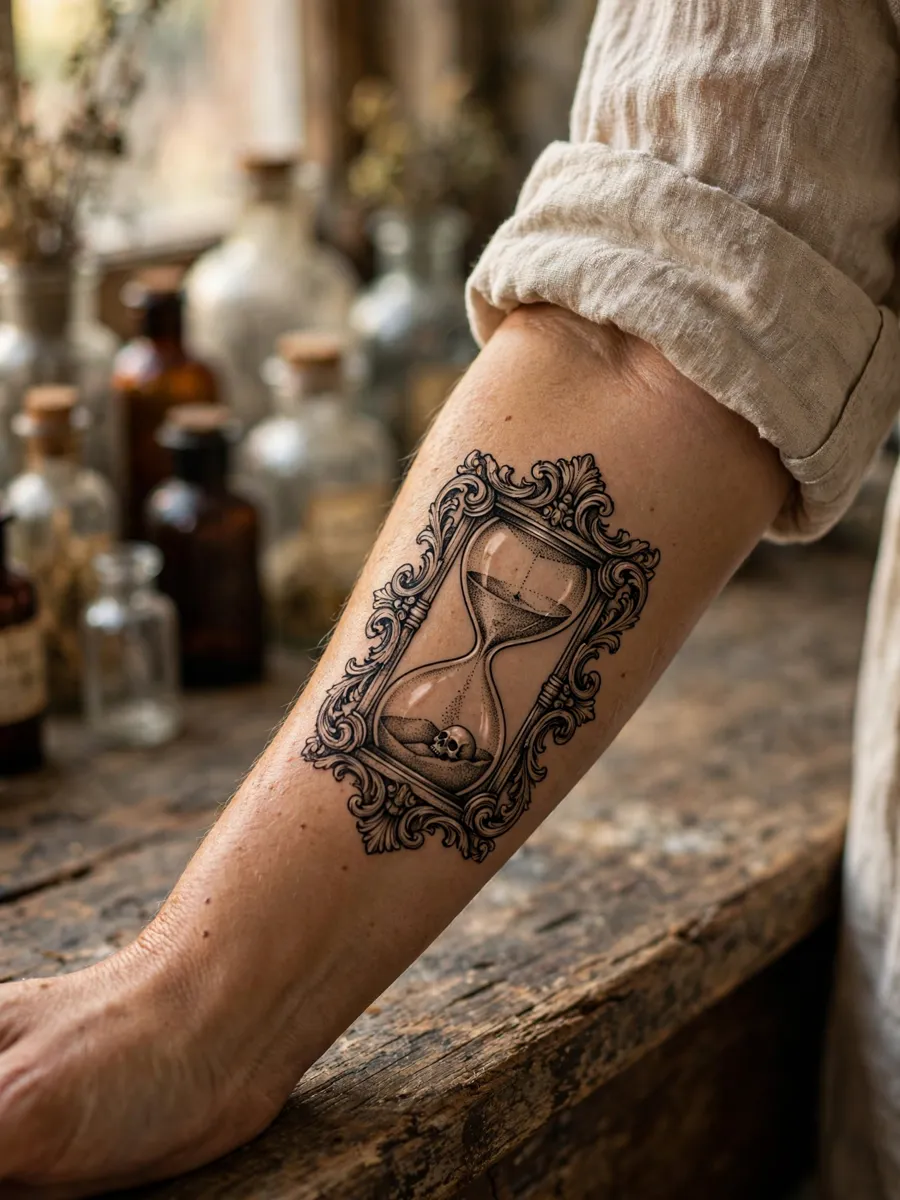 Hourglass with tiny skull in glass bulb tattoo on a woman's forearm