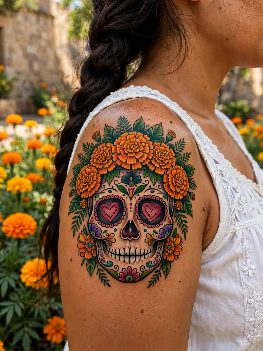 Colorful sugar skull with marigold crown tattoo on a woman's shoulder
