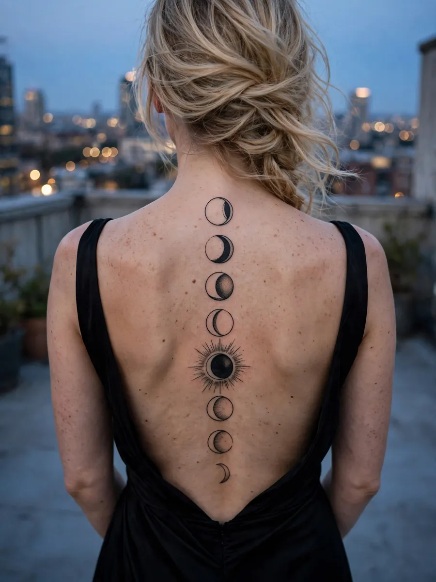 Solar eclipse phase sequence tattoo down a woman's spine