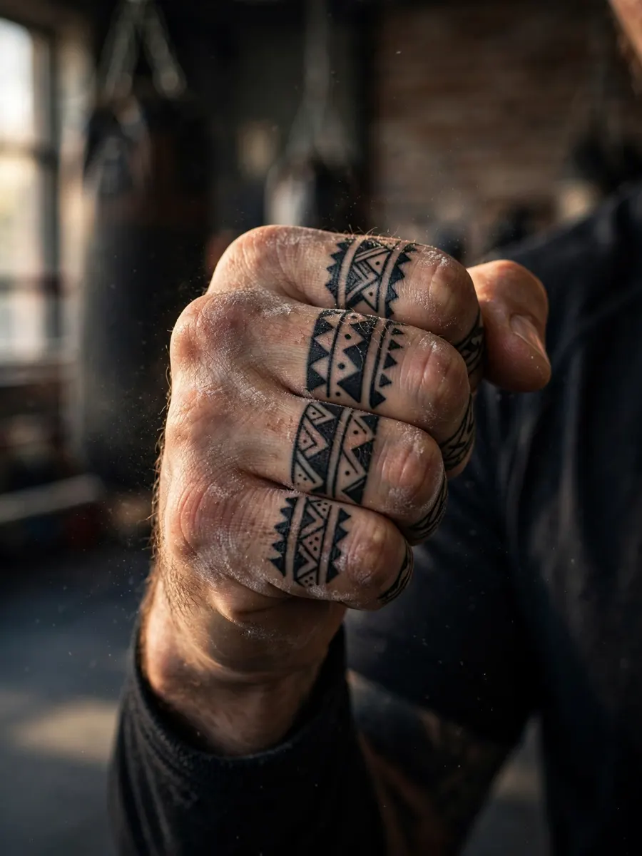 Geometric knuckle band tattoos wrapping a man's knuckles