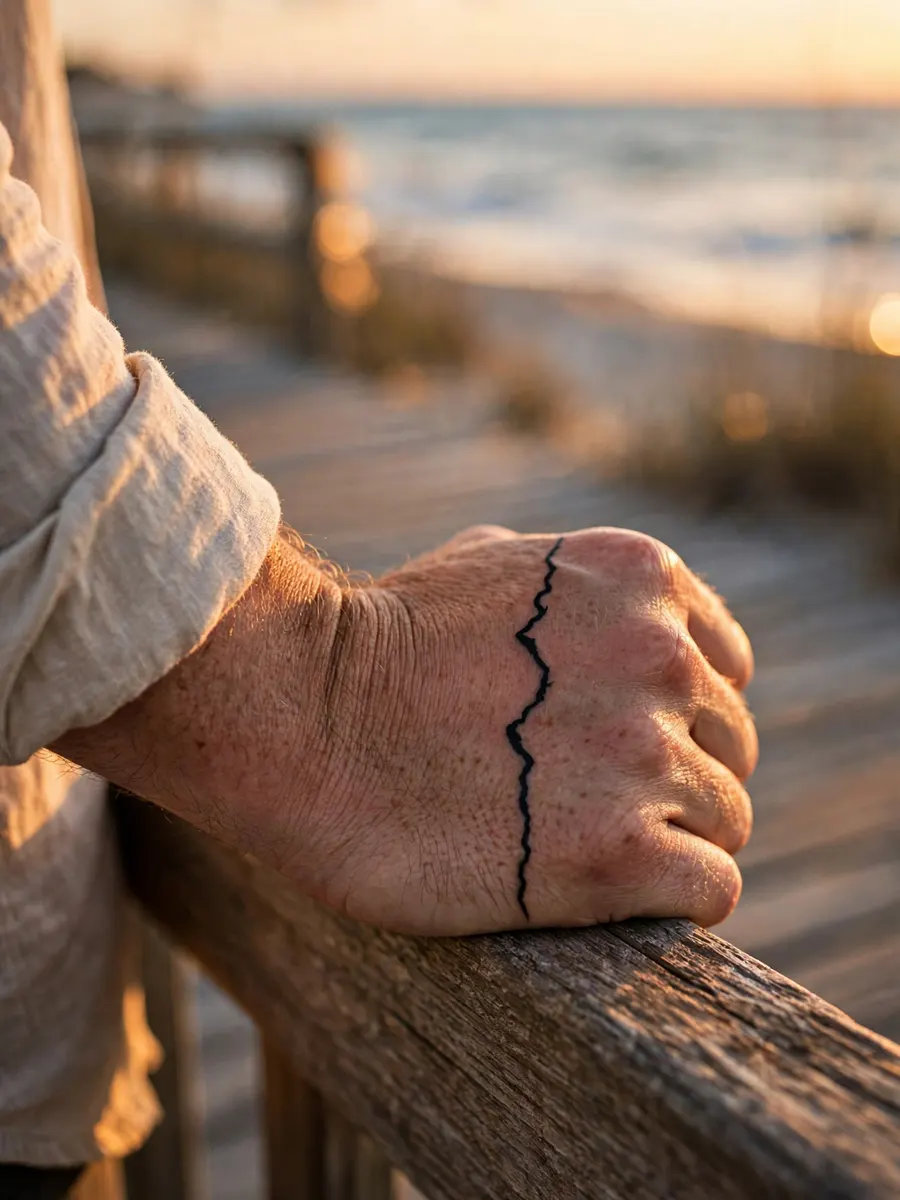 Mountain ridgeline line tattoo along the outer edge of a man's hand
