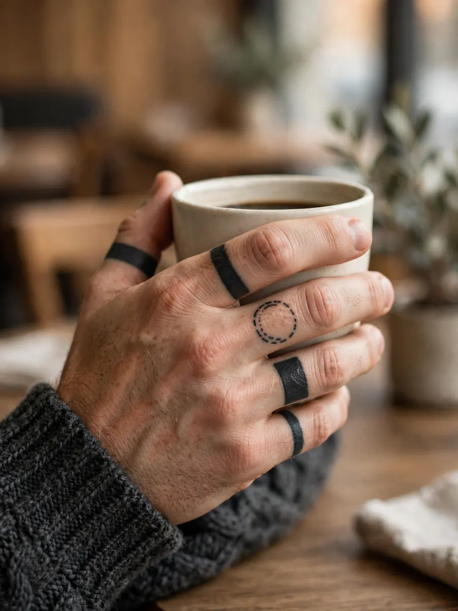 Finger ring band tattoos at the base of a man's fingers