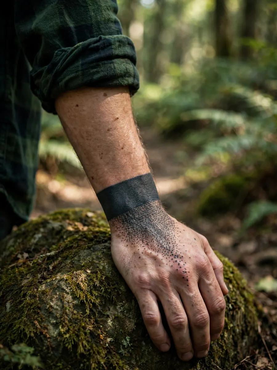 Blackout wrist cuff tattoo with dotwork fade climbing a man's hand