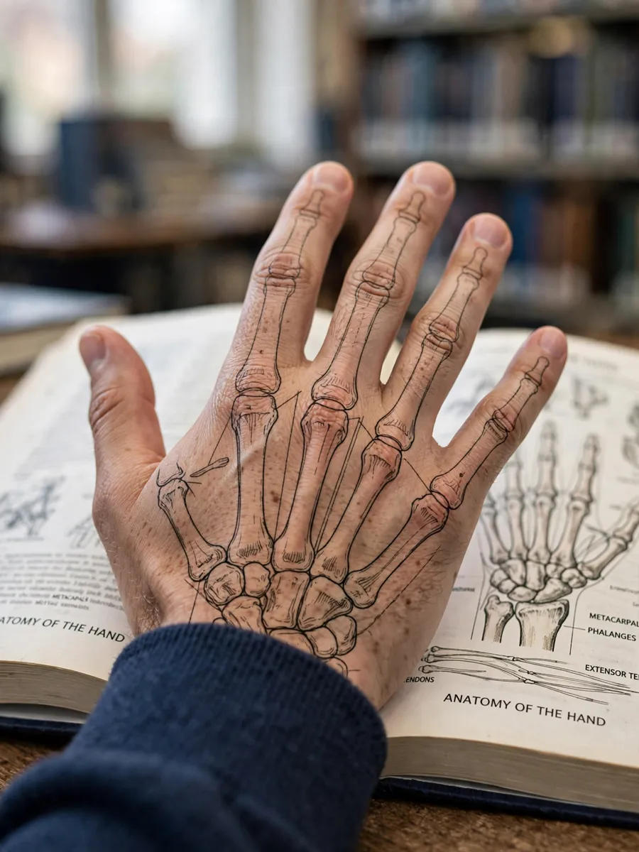 Fine-line anatomical finger joint tattoo on a man's hand