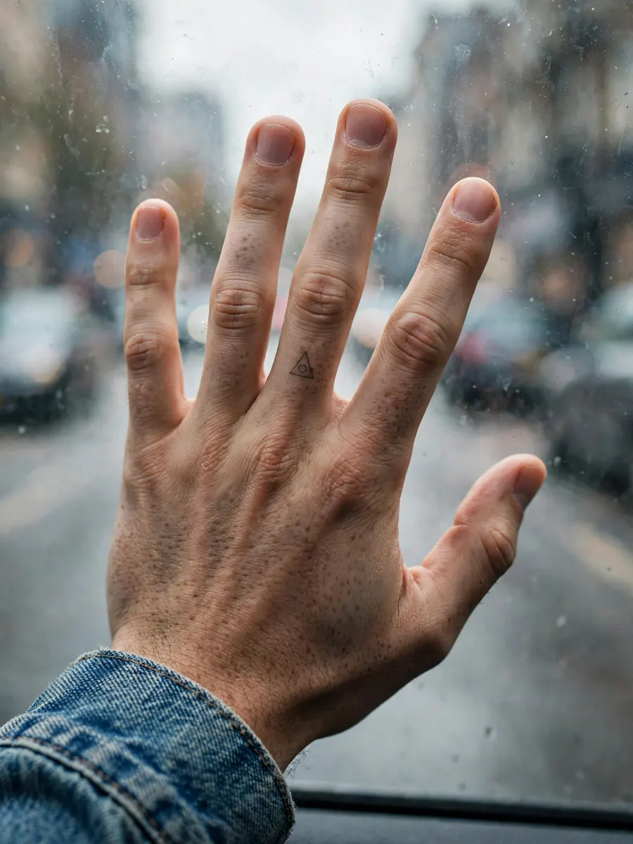 Tiny micro symbol tattoo hidden in the web between a man's fingers