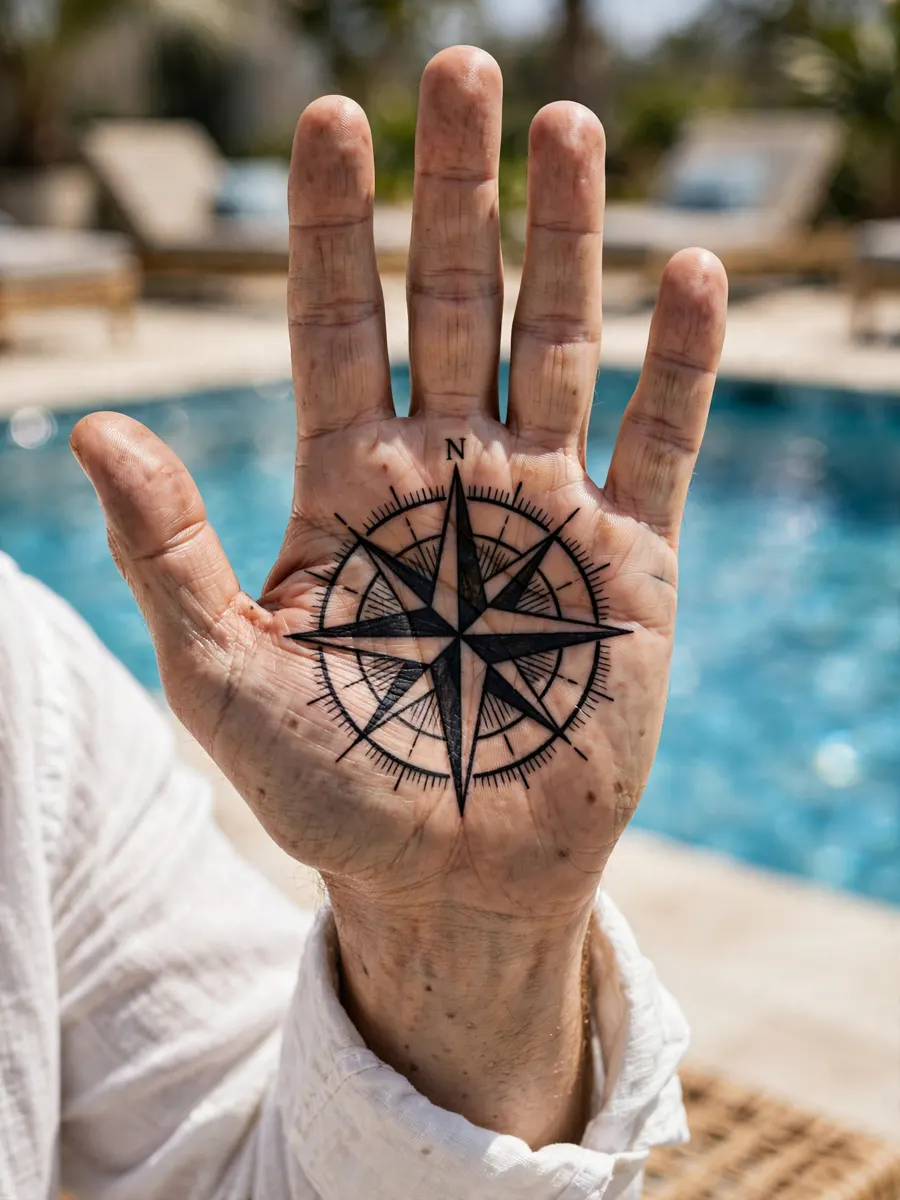 Compass rose palm tattoo on a man's open hand