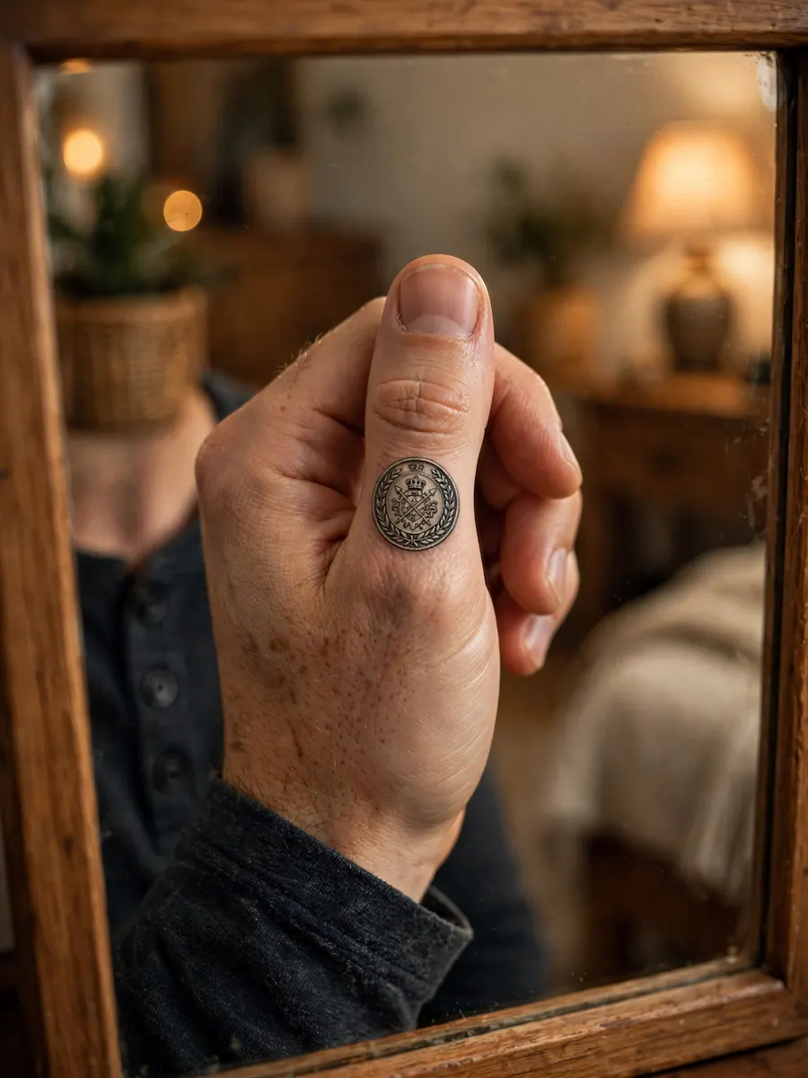Coin-style medallion tattoo on the back of a man's thumb