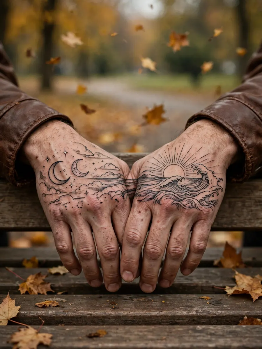 Two-hand diptych tattoo with night and day scenes split across a man's hands