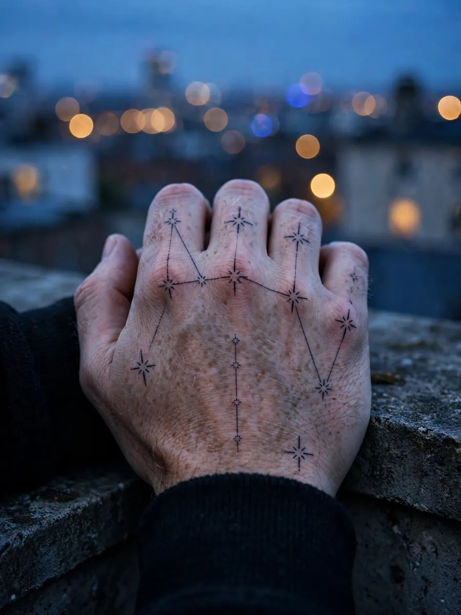 Constellation line tattoo mapped across a man's knuckles