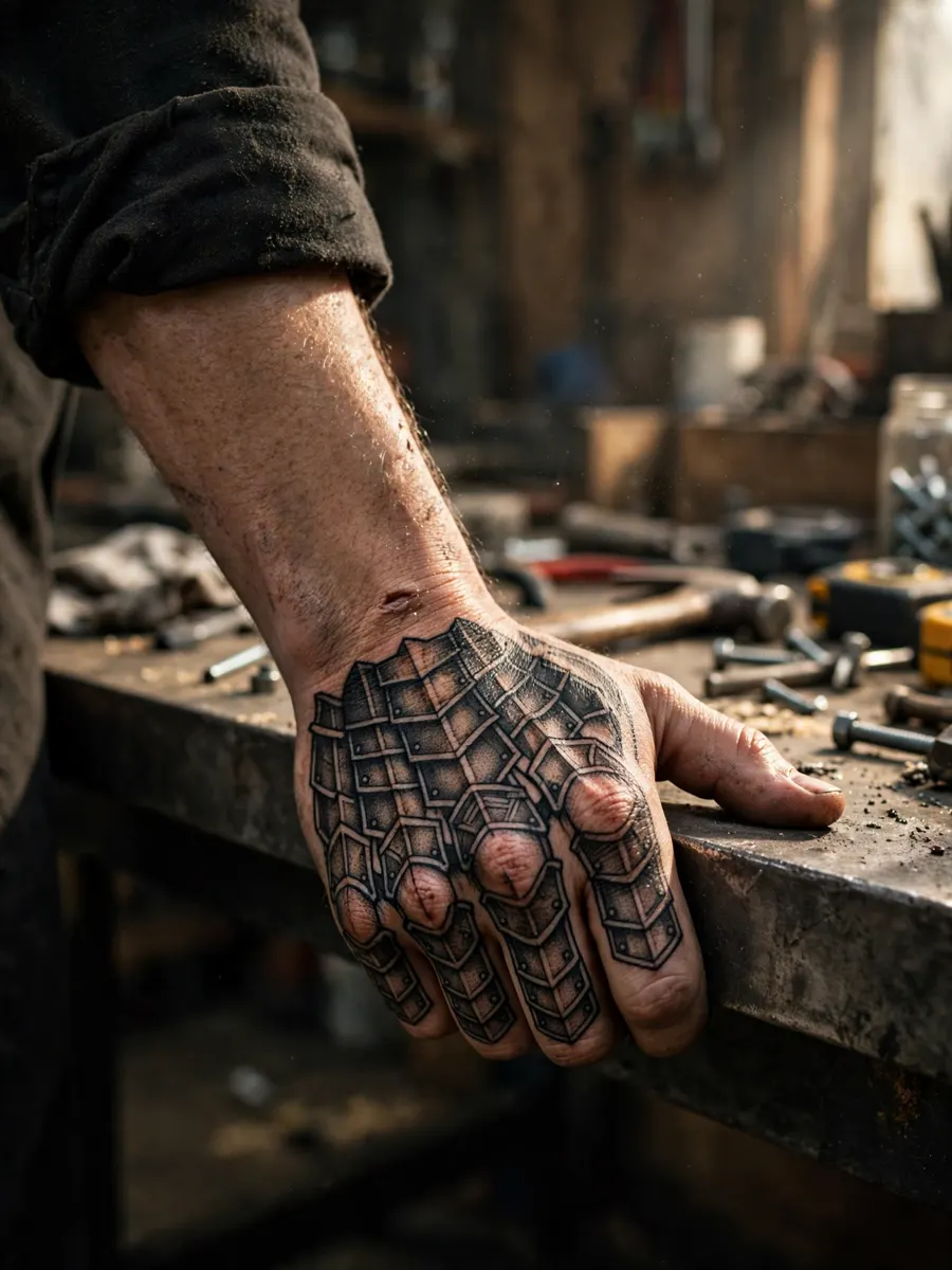 Blackwork gauntlet armor tattoo covering the back of a man's hand