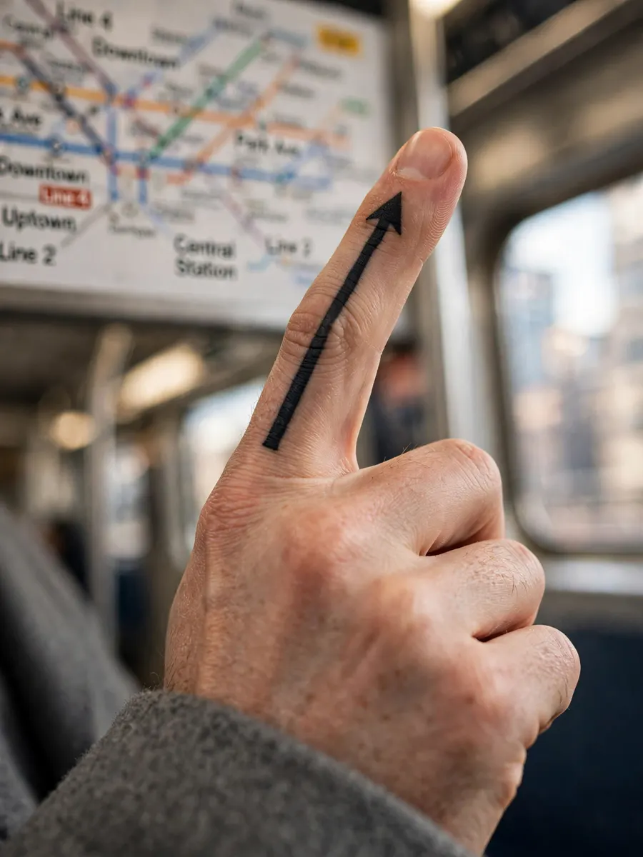 Bold arrow line tattoo running down a man's index finger