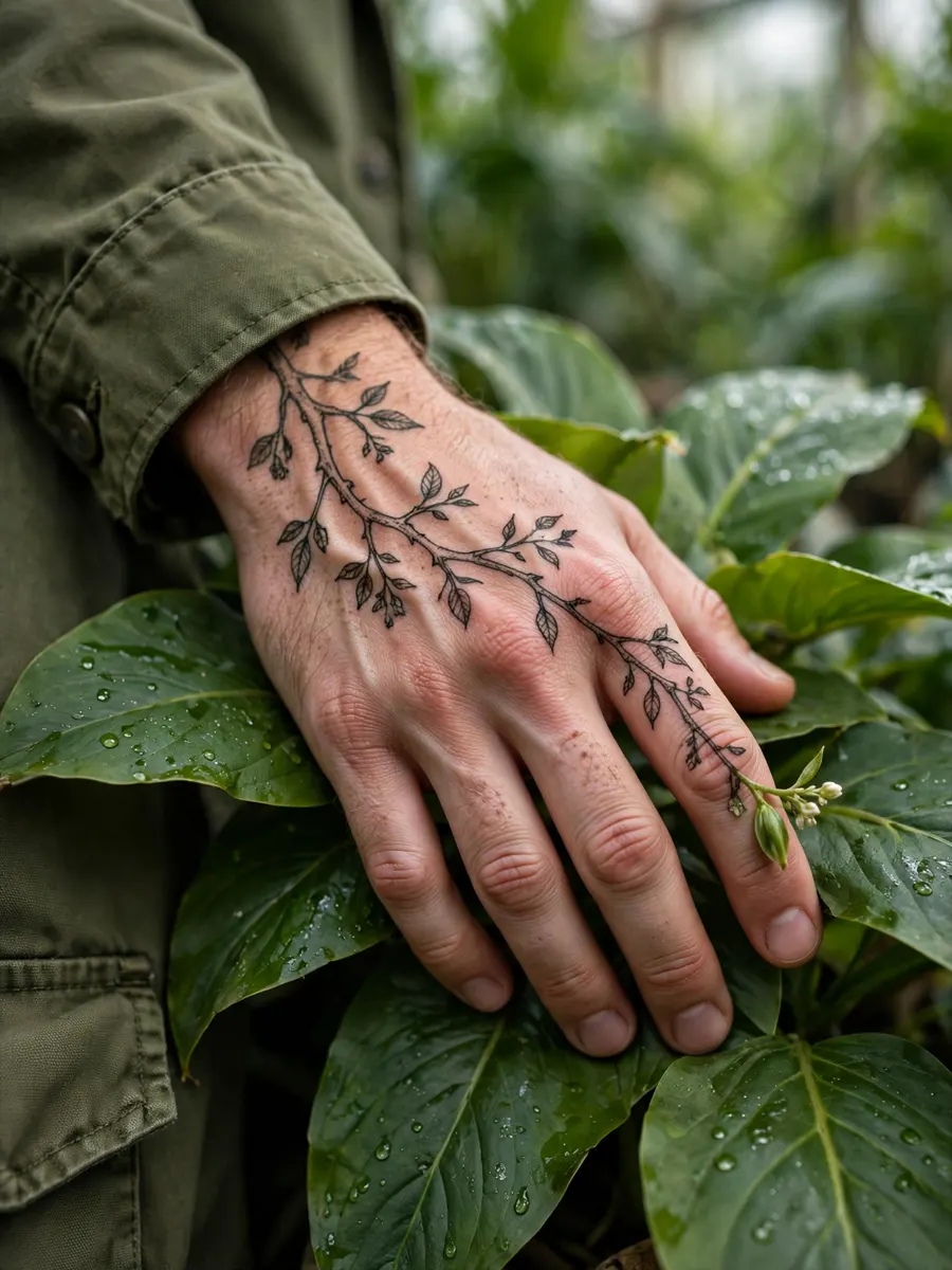 Organic vine tattoo growing from wrist through a man's fingers