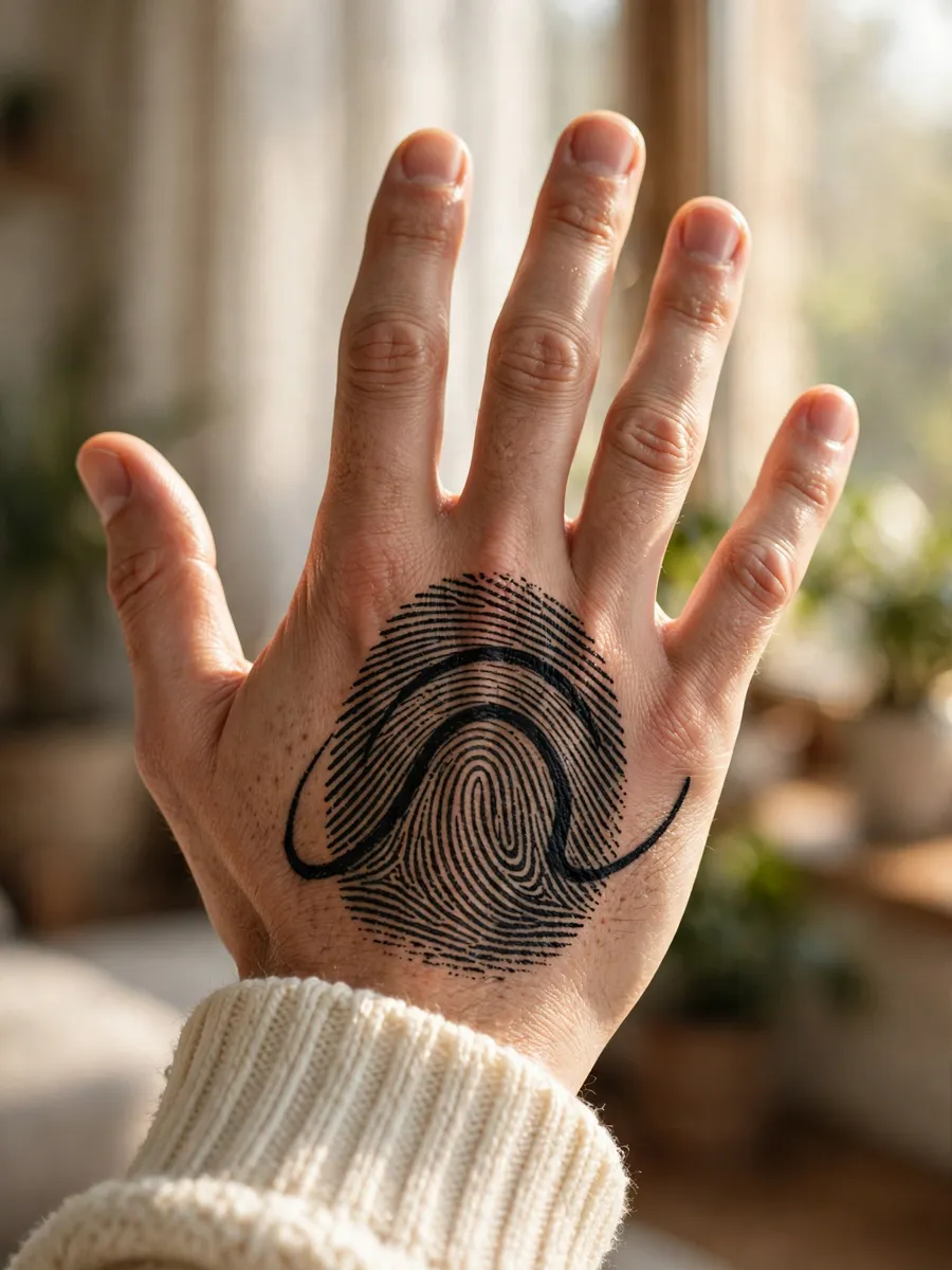 Abstract fingerprint whorl tattoo on the back of a man's hand